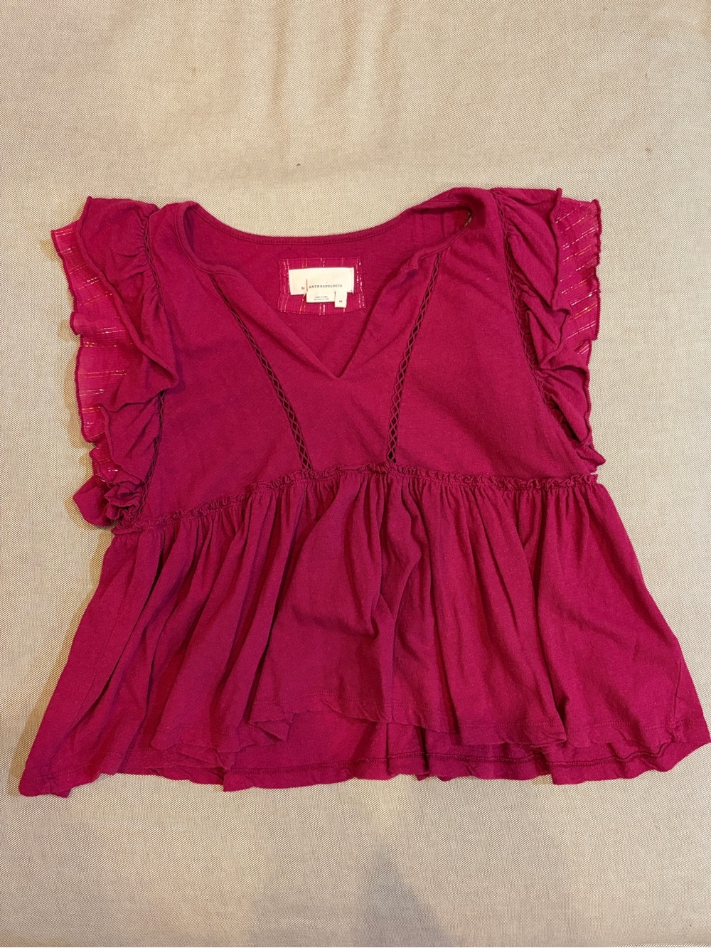 By Anthropologie Magenta Ruffle Sleeve Peplum Top in XS